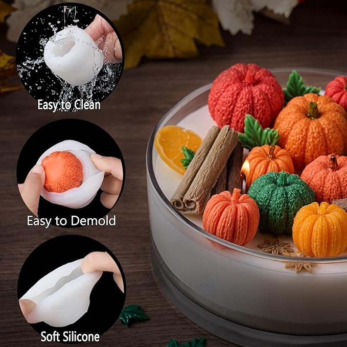 5 Pack Pumpkin Candle Molds Pumpkin Silicone Mold Set with Leaf Lemon Slices Star Anise Cinnamon Molds for Candles Wax Soap Making Epoxy Resin Casting 3D Candle Mold Halloween Thanksgiving Home Decor