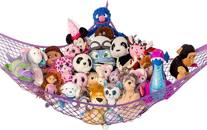 Lilly's Love Large Stuffed Animal Hammock | Corner Hanging Organizer, Toy Storage, Stuffed Animal Storage Net | Made From High Quality Fishing Net, Holds 12lbs | 79"x63"x63" (Purple)