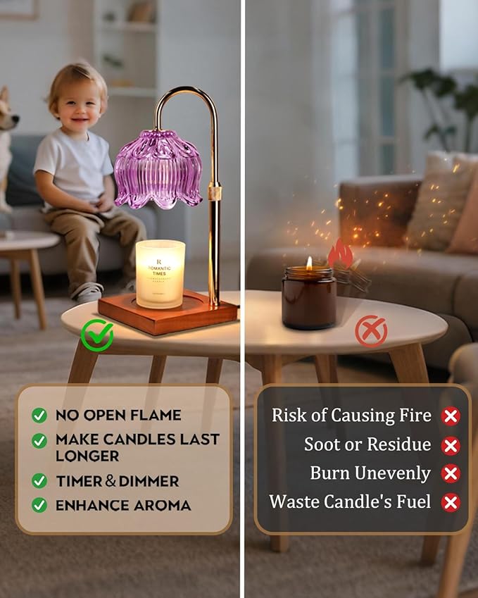 Purple Candle Warmer Lamp with Timer & Dimmer, Candle Lamp Warmer Adjustable Height, Mothers Day Birthday Gifts for Women Mom, House Warming New Home Bedroom Decor, Flower Wax Warmer for Jar Candle
