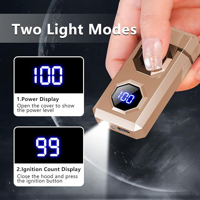 SKRFIRE Electric Rechargeable USB C Arc Plasma Lighter High Power Flame Cool Windproof Electronic Candle Lighters with LED Flashlight for Candle, Firework, Incense (Gold)