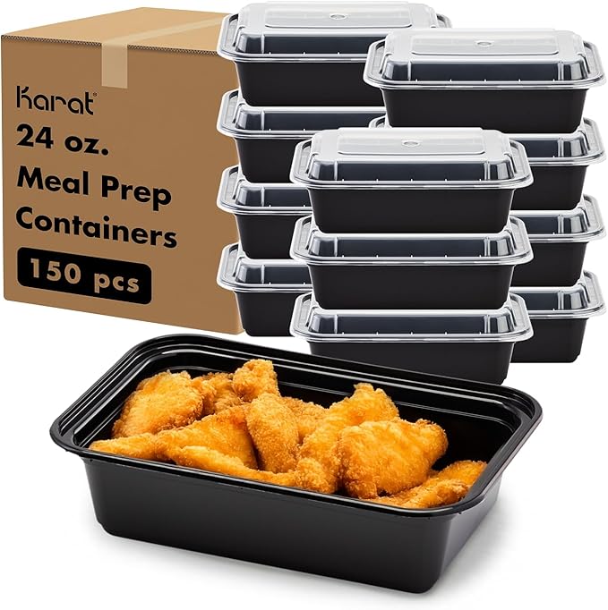 Karat Meal Prep Containers [24 oz - 150 ct] Reusable & Disposable Take Out Containers with Lids - Microwave & Dishwasher Safe Bento Boxes