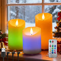 Rechargeable Colored Candles with Remote - LED Pillar Candles with USB Charging Cable, 3D Realistic Flame, Real Wax Flameless Candles for Christmas Decor and Romantic Home Decor – 4" 5" 6" H, 2.95" D