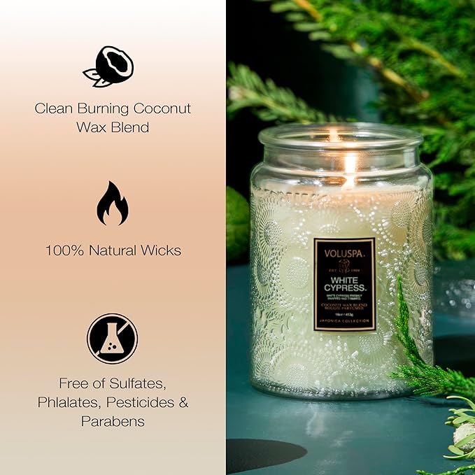 Voluspa White Cypress,Large Candle Jar,18 Ounce,100 Hour Burn Time, & Coconut Wax for Clean Burning,Handcrafted in The USA