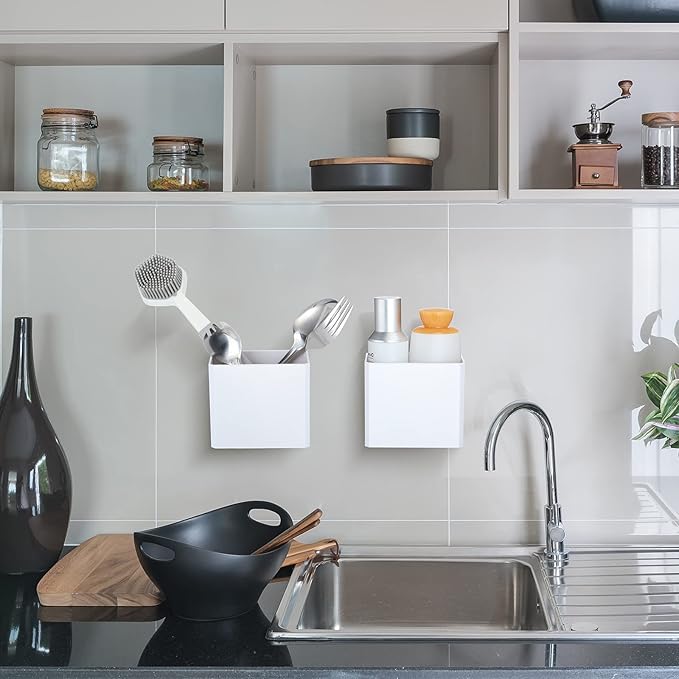 Suclain 4 Pcs Wall Mounted Organizer Non-Drilling Adhesive Floating Shelf White Wall Bin Organizer Hanging Storage Containers for Bedroom Bathroom Kitchen Office