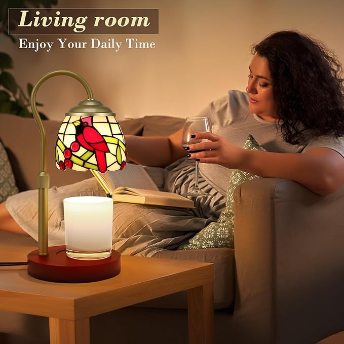 Candle Warmer Lamp with Timer Dimmer, Adjustable Height Candle Warmer for Jar Candles, Birthday Gifts for Women New Home Bedroom Decor Tiffany Red Cardinal Style Stained Glass with 2 Bulbs