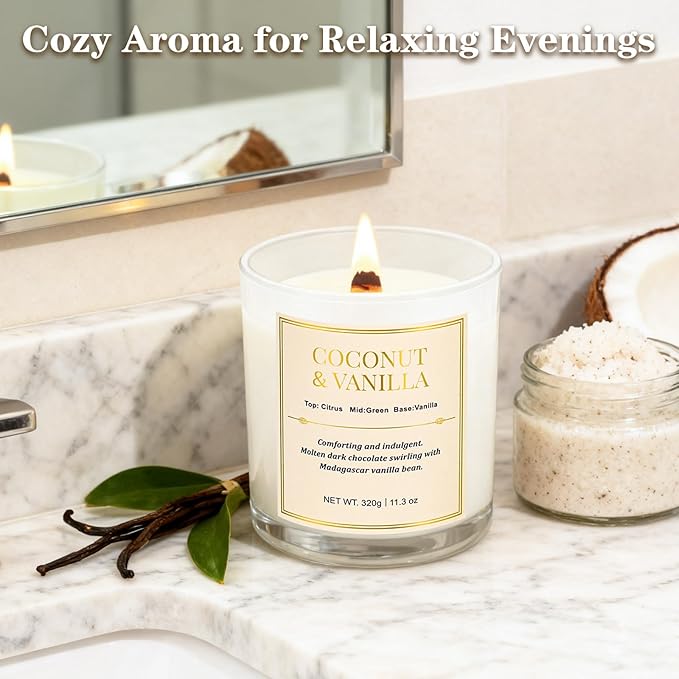 2 Pack Wood Wick Coconut & Vanilla Candle Gift Set – Long Lasting Soy Wax Candles with Gift Boxes, Holiday Aromatherapy Candles for Home Decor & Holiday Gifts