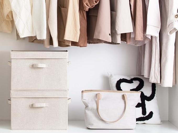 StorageWorks Fabric Storage Bins with Lid, Decorative Storage Boxes for Shelves, Stackable Closet Organizer Basket with Handles, Jumbo, Khaki and Beige Stripes, 2-Pack