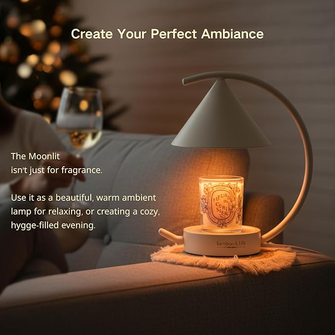 Bamboo&Life® Moonlit TouchOn Candle Warmer Lamp,4-Pc Eco-Luxury Set,Authentic Japan Moon Design,US Brand,UL&ETL Certified Components,Real Bamboo Base,Touch Dimmer,Birthday&Housewarming Gift,Home Decor
