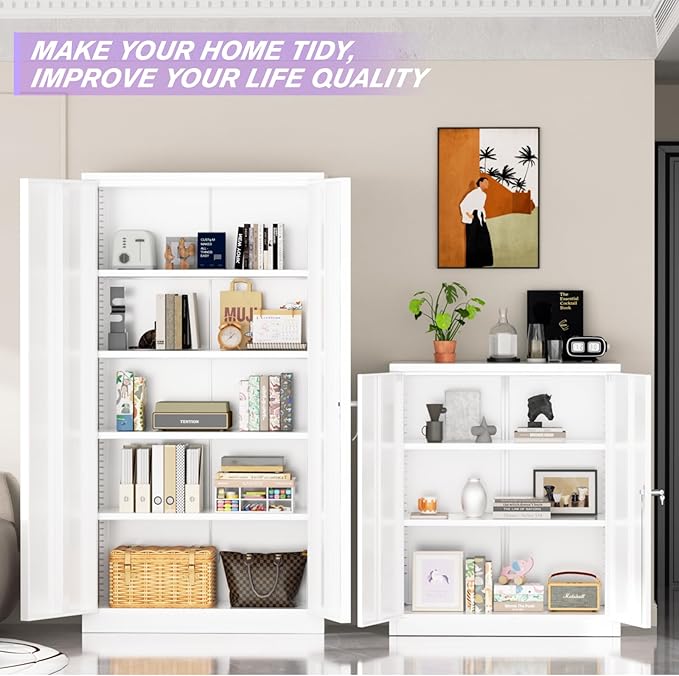 Superday Metal Storage Cabinets, 72" Storage Cabinet with Locking Door, Tall Garage Cabinet with 2 Doors and 4 Adjustable Shelves for Home Office, Classroom, Easy Assemble(White)