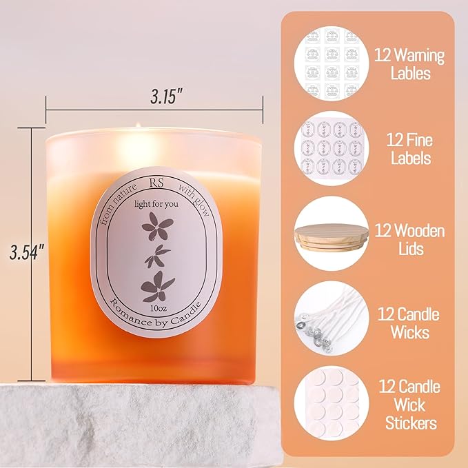 REISEN 12Pcs Gradient Orange Candle Jars for Making Candles, 10oz Glass Jars with Bamboo Lids, Candle Wick Kit and Sticky Warning Labels, Candle Containers Vessels for DIY Gifts