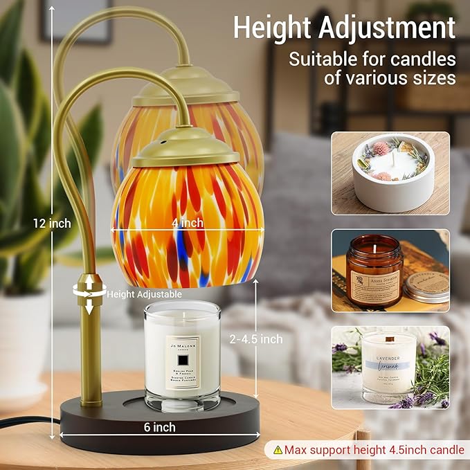 Stained Glass Candle Warmer Lamp with Timer Dimmer, Height Adjustable Candle Warmer with 2 Bulbs, Wax Melt Warmer for Scented Jar Candle, Valentine's for Women,Mom,Her