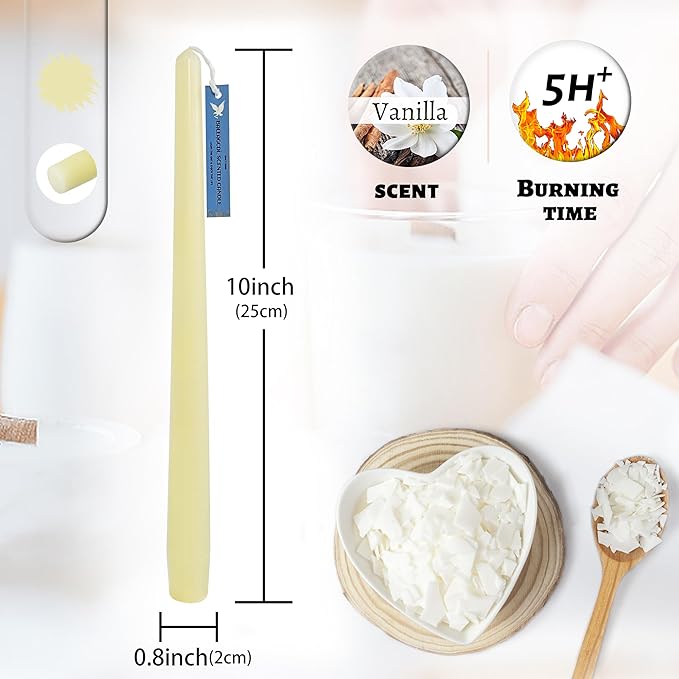 Handmade Ivory Yellow Taper Candlesticks Elegant Vanilla Scented Dripless Long Lasting Burn Candles Smokeless Aromatherapy Candles10 Inch Tall for Home Decoration Women's Gift Weddings