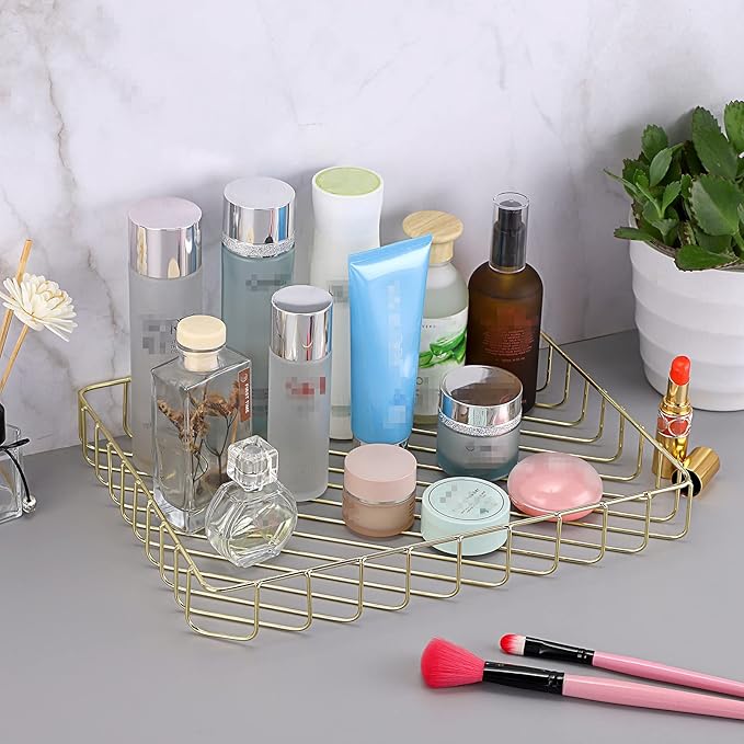 BTSKY Multipurpose A4 File Tray Wire Desk Tray Organizer Elegant Letter Size Desk Documents Trays Magazine Files Storage Basket Organizer Bin for Office Cosmetics Bathroom(Gold)