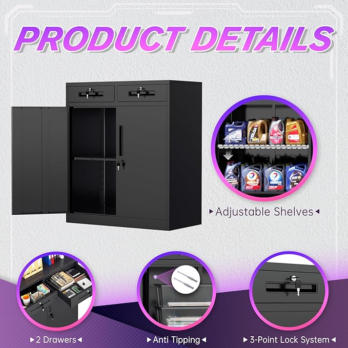 Superday Lockable Storage Cabinet with 2 Drawers, 36" Metal Storage Cabinet with Locking Doors and Adjustable Shelves, Black Metal Locking Cabinets for Home Office Garage School