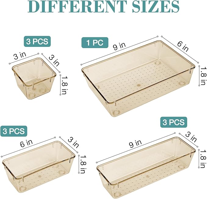StorMiracle 10 PCS Drawer Organizer Set, 5 Varied Size Bathroom and kitchen Drawer cabinet organizer Trays, Clear Storage Bins for Makeup, Jewelry, Utensils and Gadgets, Champagne