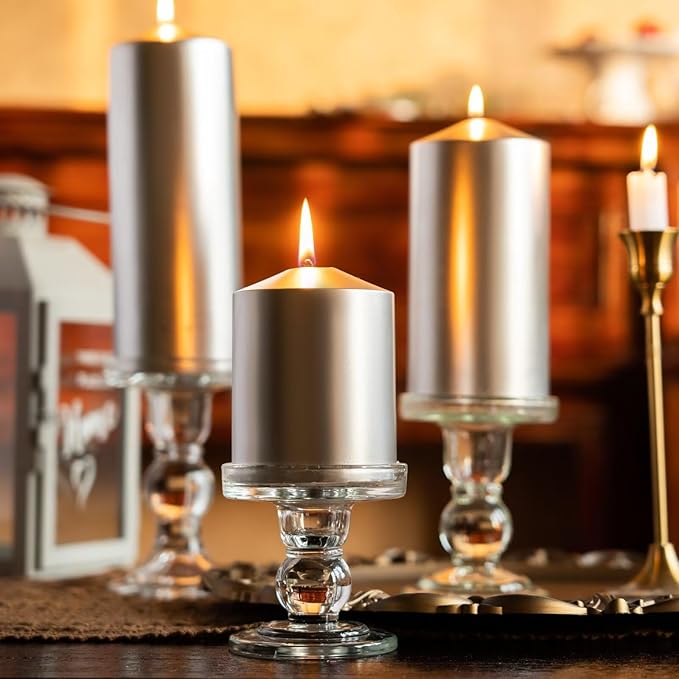 MOZEAL 3" x 6" Hand-Poured Unscented Silver Pillar Candles,Dripless Candles Set of 3,Long Lasting Burning,Approx 100 Hours Burn Time for Wedding,Dinner,Christmas and Home Decor