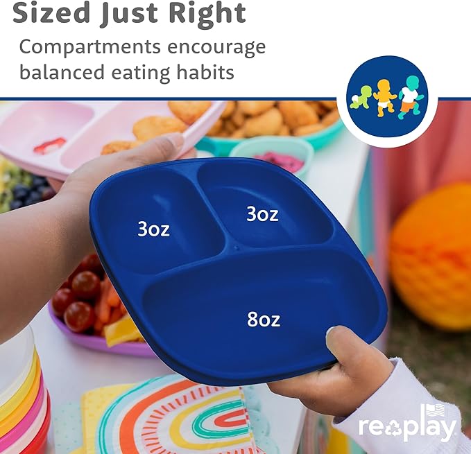 Re-Play Toddler Plates with Dividers - Deep-Walled 3 Compartments Divided Plates for Kids - Dishwasher & Microwave Safe - Made in USA - Set of 4-7.37" x 7.37" x 1.25" - True Blue