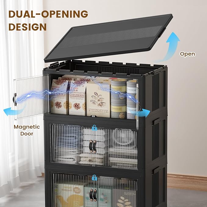 SAILUN 35Gal/140Qt Stackable Storage Bins Folding Collapsible Storage Bins with Lid, Closet Organizers and Storage Box with Door Black 18" W x 11" D x 41" H