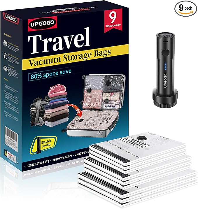 UPGOGO Travel Vacuum Bags for Luggage with Portable Electric Pump,Vacuum Seal Bags for Clothing,Packing Cubes Compression,Cruise Ship and Travel Essentials(Combo 9 Pack)