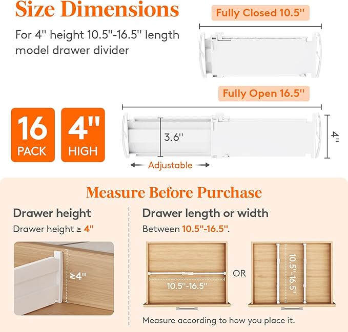 Lifewit 4" Tall 16 Pack Drawer Dividers, 27-42cm/10.5-16.5" Expandable Drawer Divider for Clothes, Adjustable Dresser Drawer Organizers, Drawers Separators for Dresser/Bathroom/Closet/Kitchen White