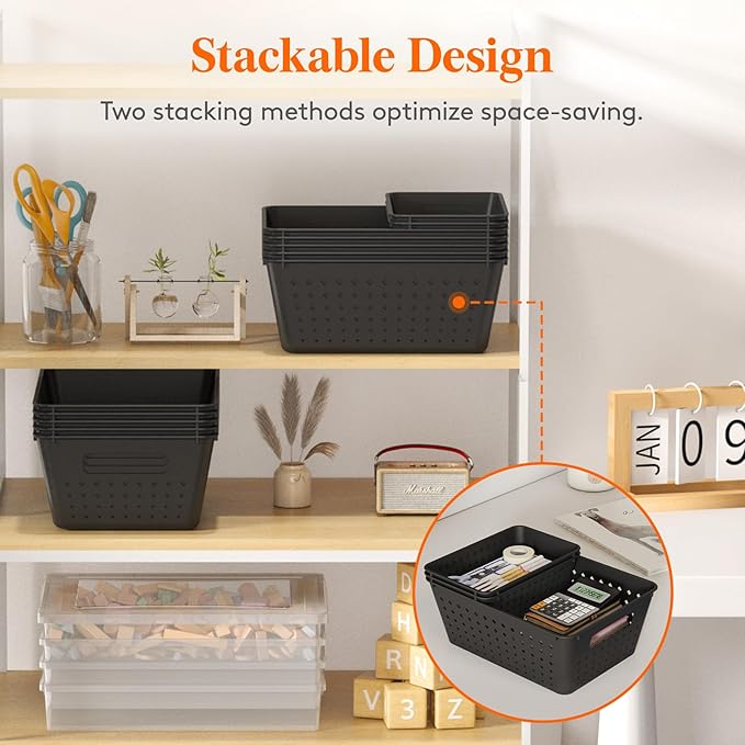 Lifewit Plastic Storage Basket, 12 Pack Stackable Storage Bins for Organizing, Multi Size Open Containers for Shelving, Pantry, Office and Cabinet, 8 Large and 4 Small Size, Black