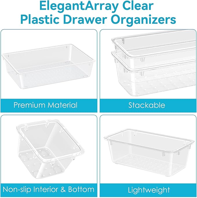 ElegantArray 48 PCS Drawer Organizer Set, 4 Sizes Tool Storage Trays, Clear Plastic Makeup Vanity Organizer and Storage Bins for Makeup, Stationeries, Multiple Gadgets for Bathroom, Office, Bedroom