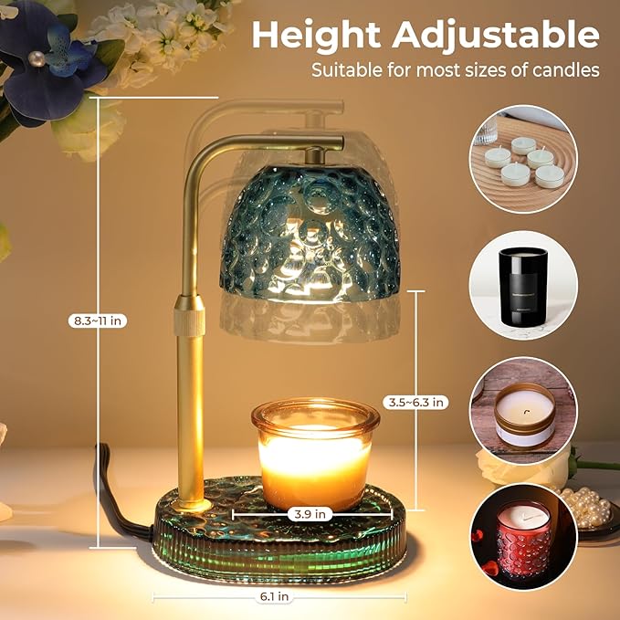 Candle Warmer Lamp with Timer Dimmer, Honeycomb Crystal Wax Melt Warmer for Jar Candles, Adjustable Height Wax Warmer Lamp with 2 Bulbs for Women Mom Gift New Home Bedroom Decor (Blue)