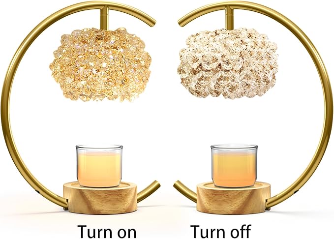 Yeuslor Gold Candle Warmer Lamp for Jar Candles with Adjustable Brightness＆Timer，Handcrafted Crystal＆Wooden Base, Luxurious Design,Home Decoration Electric Candle lamp(C-Shaped)