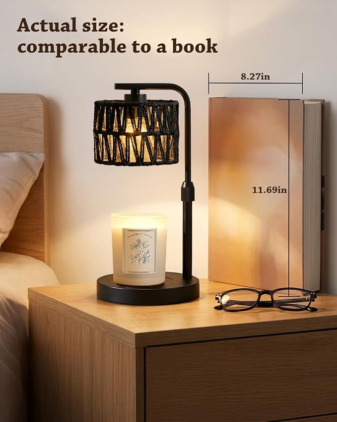 Candle Warmer Lamp, Timer Dimmable Candle Lamp, Adjustable Height and Brightness Candle Warmer, Black Boho Rattan Lampshade and 2 Bulbs, Suitable for Home Decor, Birthday Gifts for Women Mom