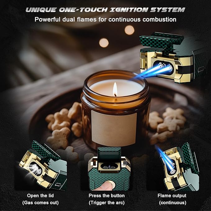 5-in-1 Torch Lighter with Cutter, Punch, Holder, and Draw Enhancer Tool, Adjustable Dual Jet Flames, Trendy Gift for Men, Refillable Butane Lighter, Rechargeable Lighters for Candle, Travel Outdoors