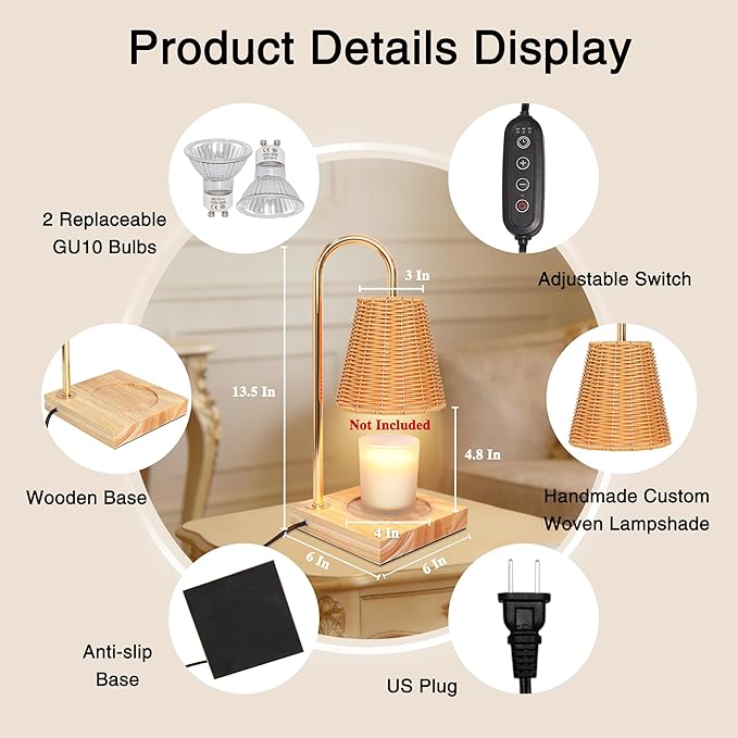 Candle Warmer Lamp with Timer Dimmable, Natural Weaving Boho Electric Wax Warmer Lamp, Birthday Gifts for Women Mom, House Warming Gifts New Home Decor(Candles not Included)