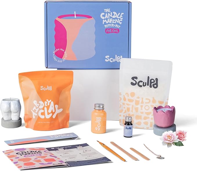 Sculpd Candle Making Pottery Kit for Adults with Air Dry Clay and Acrylic Paint Set, Non-Toxic Eco Soy Wax, Scented Fragrance Oil, Candle Glaze, Tools & Guide, 1 Candle, Peony Rose