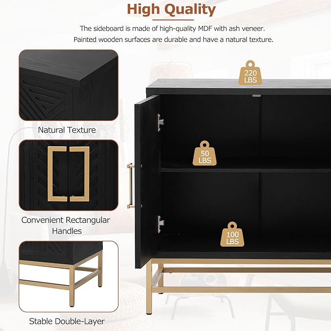 Amposei Accent Sideboard Cabinet 59.8-Inch Retro Credenza Console Storage Cabinet Dining Buffet Table with 4 Doors & Adjustable Shelves for Living Room Entrance, Black
