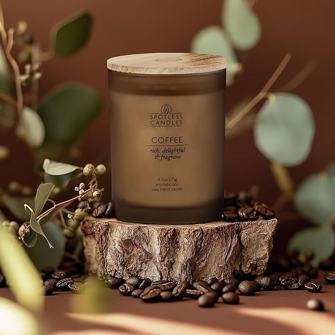 Coffee Candle - 9.7oz 55 Hrs Burn Time - Frosted Jar Candles with Wooden Wick in Gift Box with Gold Foil Strip for Elegence - Coffee Scented Candle