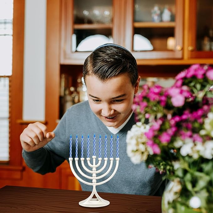 The Dreidel Company Hanukkah Silver Mini Menorah with Candles Classic 5 inch Great for Travel, Hanukkah Decor Centerpiece
