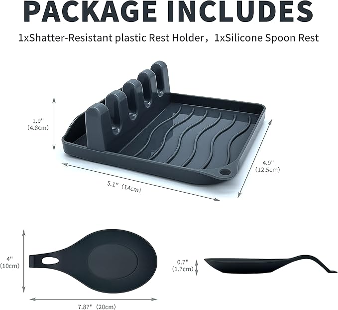 2 Pack Multiple Utensil Spoon Rest with Drip Pad Non-Slip Heat Resistant Kitchen and Grill Spoon Holder for Spatula, Ladle, Tongs, Kitchen Gadgets, and Cooking Accessories (Bright Black)