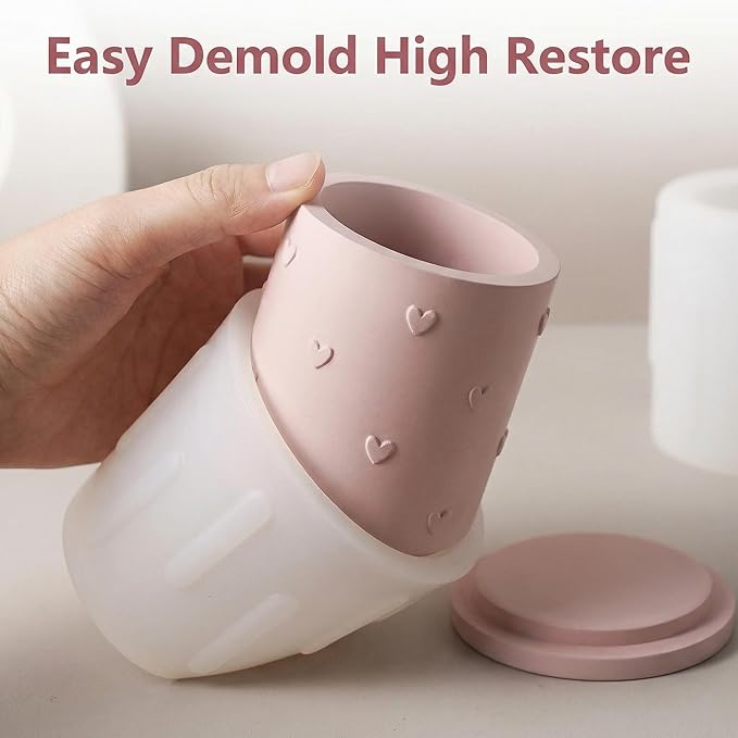 3D Heart Emboss Lidded Cylinder Silicone Mold, Candle Holder Storage Jar Mold for DIY Candle, Plaster Ornament, Romantic Home Decor & Craft Making