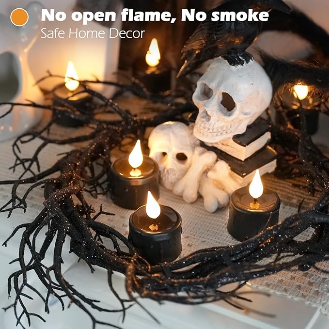 FPOO Halloween Black Tea Light Candles, 12 Packs Rechargeable LED Tea Lights, Small Pumpkins Lights Flameless Fake Candles, Electric Candle Halloween décor (Build in Timer)