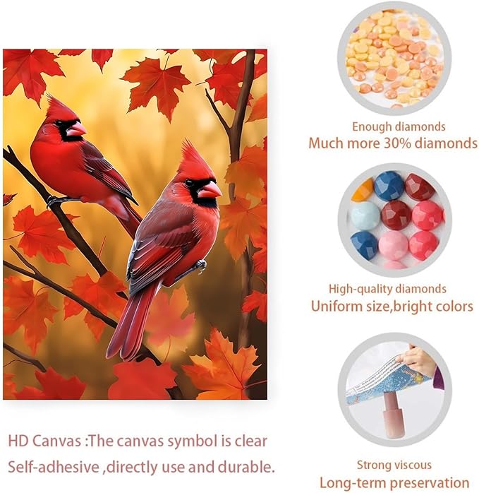 GUAIEUW DIY Diamond Painting Kit - Season Theme, 5D Full Round Diamond Autumn Red Birds Diamond Painting Art for Beginners, Room Wall Decor, Personalised Gift for Lover 8x12 Inch