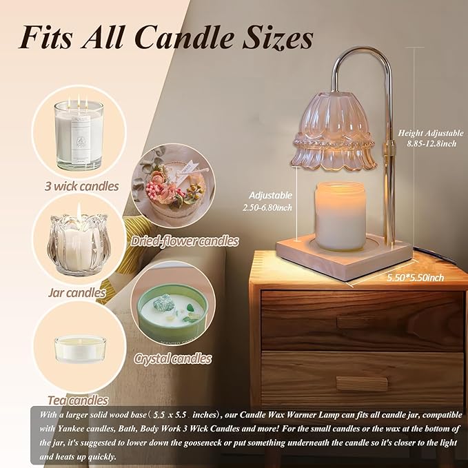 Glass Flower Lampshape Candle Warmer Lamp with Adjustable Height, Wax Burner Lamp with Timer and Dimmer, Wooden Base Candle Warmer, Women's Gifts (Amber)