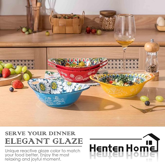 Henten Home Ceramic Salad Bowls Set, 19 oz Porcelain Soup Bowl Set of 4, Colorful Serving Bowls with Handle for Dinner, Pasta, Oatmeal, Bohemian Style, Microwave & Dishwasher Safe