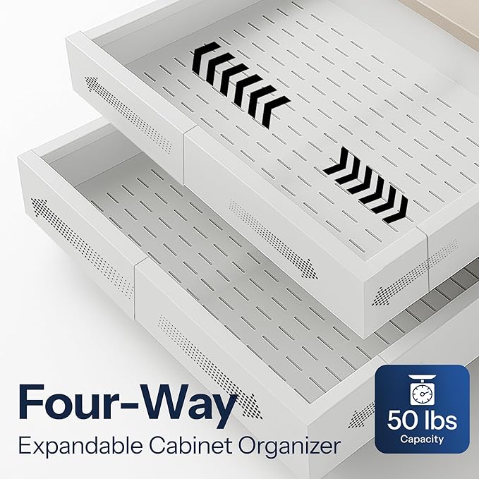 Heavy Duty Single Pull Out Cabinet Organizer for Kitchen Drawer or Shelf – Expandable in Width & Depth, Slides Out for Easy Access, Holds up to 50 lbs – 14.3"-22.4" Deep, 15.7"-24" Wide - White
