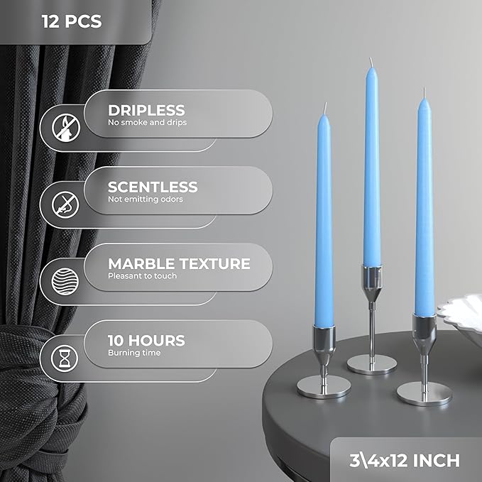 CANDWAX 12 inch Light Blue Taper Candles Set of 12 - Unscented Smokeless Dripless Tall Candle Sticks - Perfect for Special Occasions, Ordinary Dinners and as Easter Candles - Light Blue Candlesticks