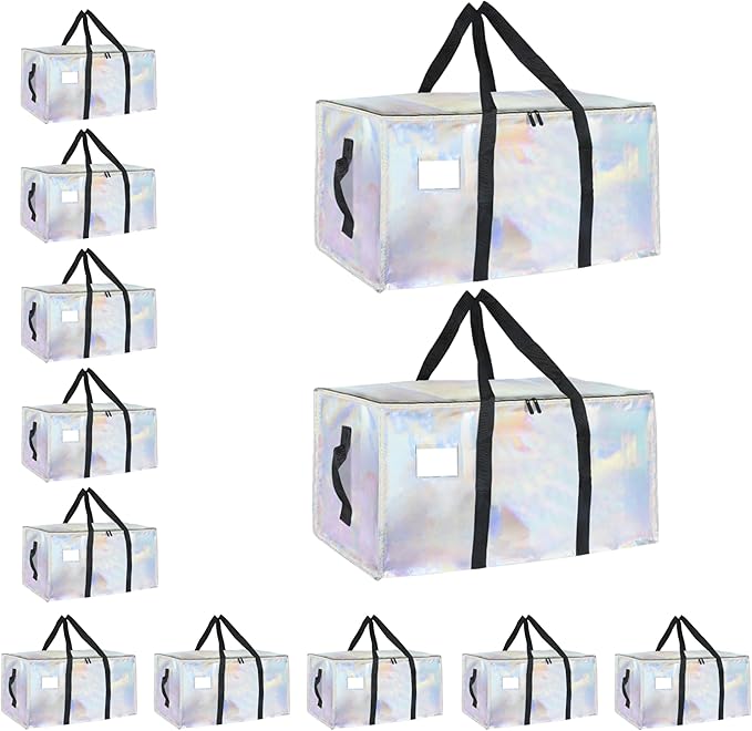 12 Pack-Extra Large Heavy Duty Moving Bags - Waterproof Storage Totes with Handles & Zippers, Foldable for College Dorm, Storage (Shiny Color)