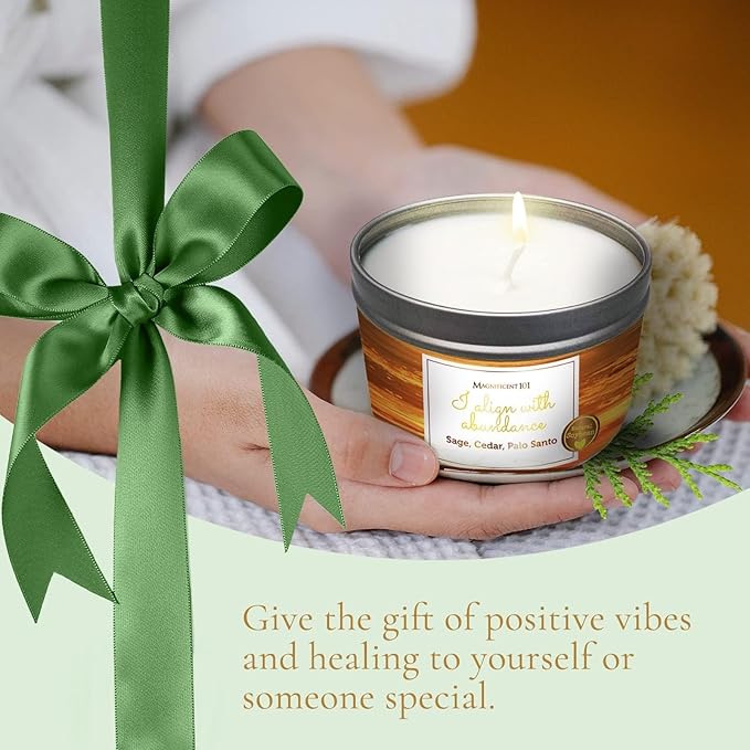 MAGNIFICENT 101 Palo Santo & Sage Cedar Candle for Abundance - 6 Oz Tin, White, I Align with Abundance - 35 Hr Burn & Soy Wax Aromatherapy - Energy Cleansing Meditation Smudge Candle