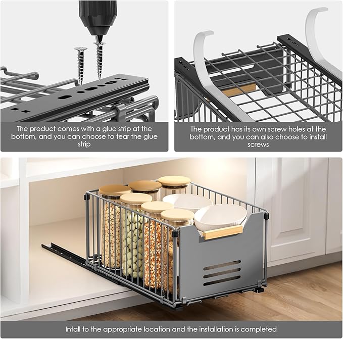 Pull Out Cabinet Organizer, Slide Out Drawers for Cabinets, Peel and Stick, Heavy Duty Shelves for Kitchen, Cupboard, Pantry, Bathroom,high- Gray