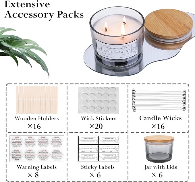 CONNOO 6-Pack 16 oz Candle Jars - 3-Wick Gray Empty Wide Mouth Glass Candle Jars Come with Bamboo Lids, Sticky Warning Labels, and a Candle Wick Kit for Candle Making - Dishwasher Safe