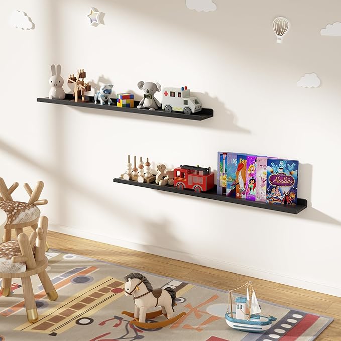 Love-KANKEI 48 Inch Long Floating Shelves Wall Mounted Set of 2, Large Wood Wall Shelves for Storage, Rustic Hanging Shelves for Display,Bedroom Living Room Bathroom Kitchen Office Black