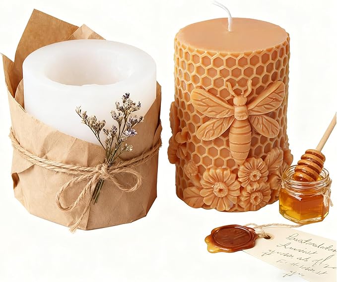 Bee Honeycomb Flower Cylinder Candle Mold, Honeybee Beehive Pillar Silicone Mold for Beeswax Candle, Soy Wax Candle, Plaster Ornament, DIY Crafts(B)