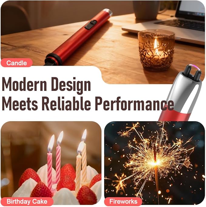 Candle Lighter, Electric Rechargeable USB Arc Windproof Flameless Plasma Lighter Long Stick with Rope and Ring, No Butane Fluid, Perfect for Candle BBQ Camping Kitchen Stove, Red